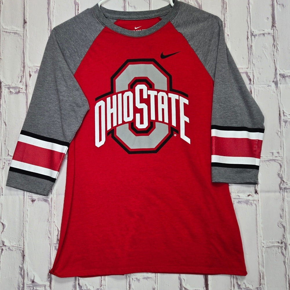 Nike Ohio State Buckeyes Football NCAA Red Raglan 3/4 Sleeve Graphic T Women M
